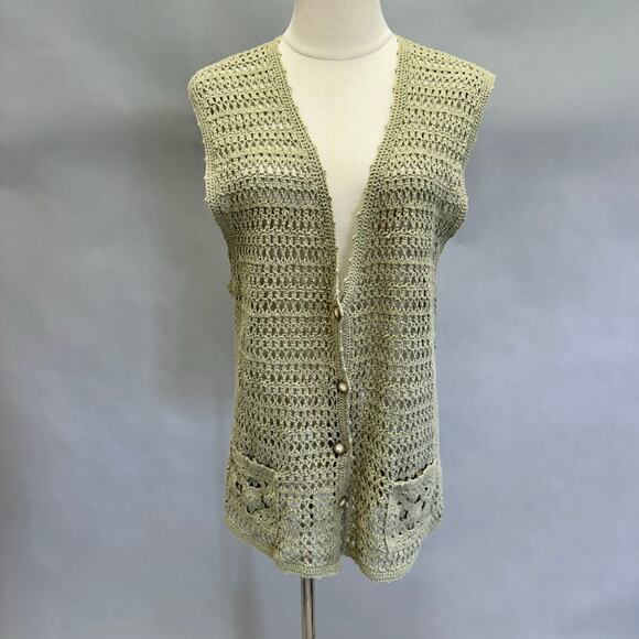 90s Koret crochet green sweater vest button up oversized boxy Size Medium - Picture 2 of 15